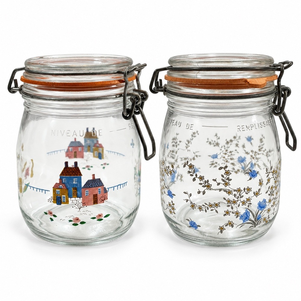 ARC France Glass Canister Heartland Farm Scene Set 2 3/4L Clear Clamp Lid Jar